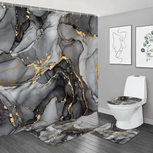 4 pcs black marble shower curtain set