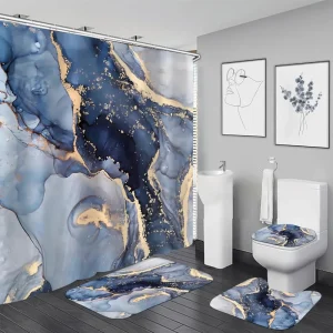 4 pcs blue marble shower curtain set