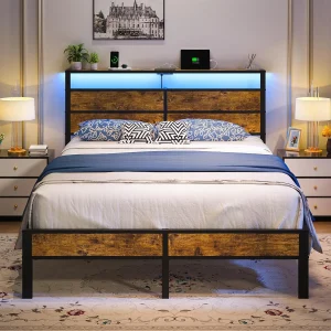Queen Size Bed Frame, Charging Station LED